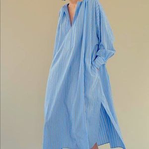 Blue Striped Split-side V-neck Midi Dress